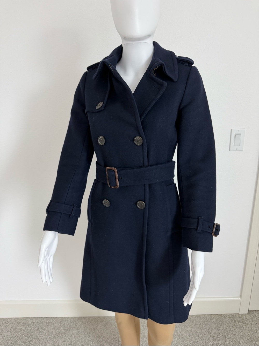 Classic Navy Double-Breasted Wool Cashmere Blend Icon Trench Coat with Belt - Picture 7 of 9
